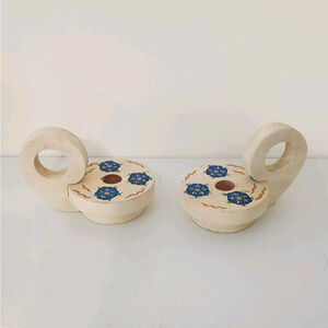 Vtg Handmade Jan Meflgren Blue Floral Hand Painted Cream Wooden Candle Holders